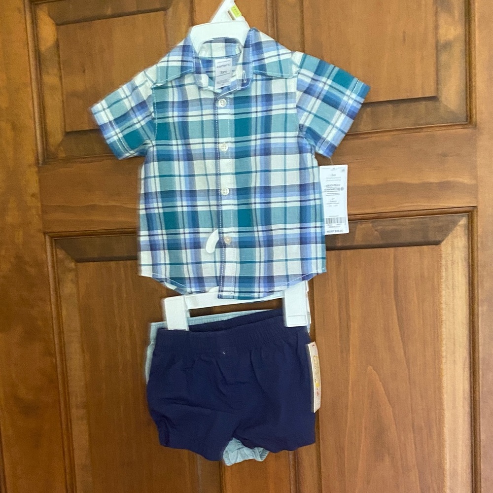 2 outfits Carter's Blue Plaid Shirt and Navy Shorts Set